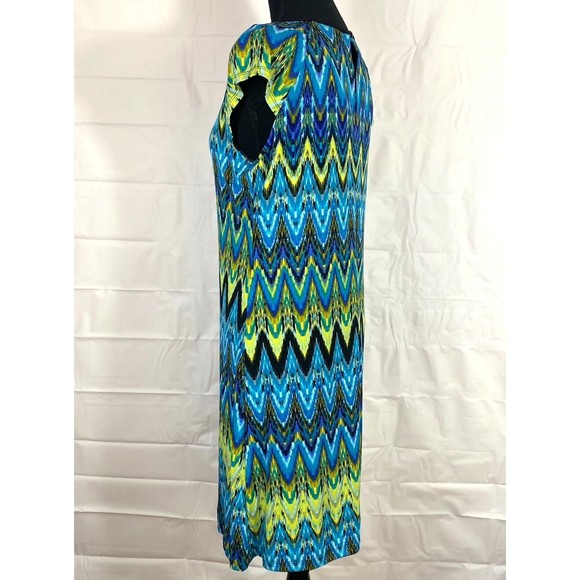 Ronni Nicole Blue/Green/Yellow Geometric Print Cap Sleeve Sheath Dress Size 6 - Picture 8 of 12